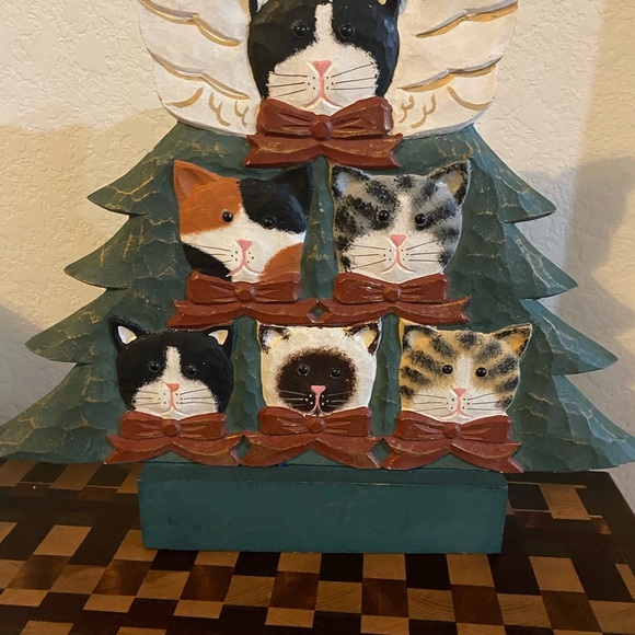Vintage Hand Painted Wood 6 Cat Angel Tree Standing Philippine Figurine 12”H - Picture 12 of 14